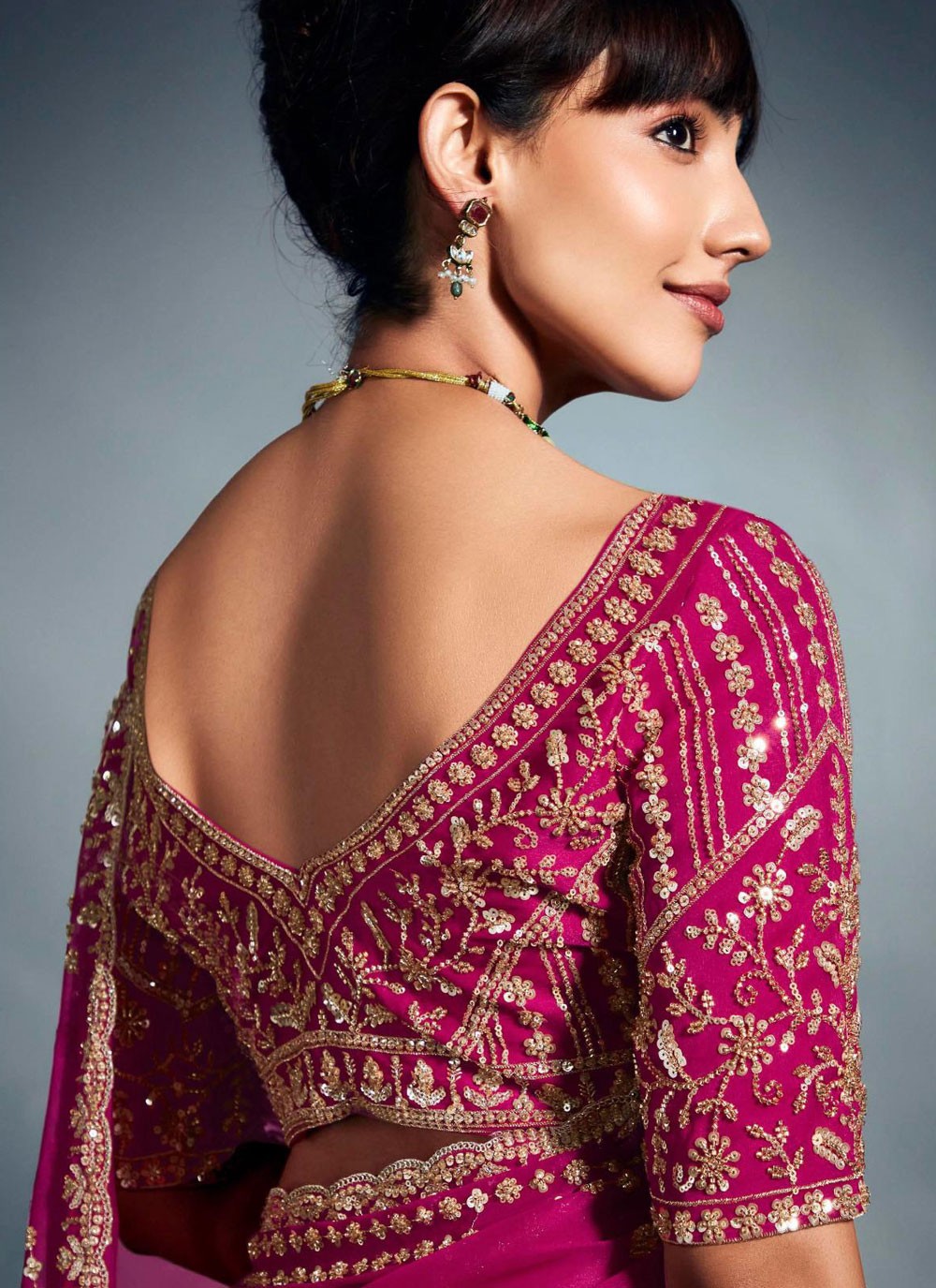 Fuchsia Fancy Fabric Designer Saree Cut Work, Sequins, Thread, Zari S19059