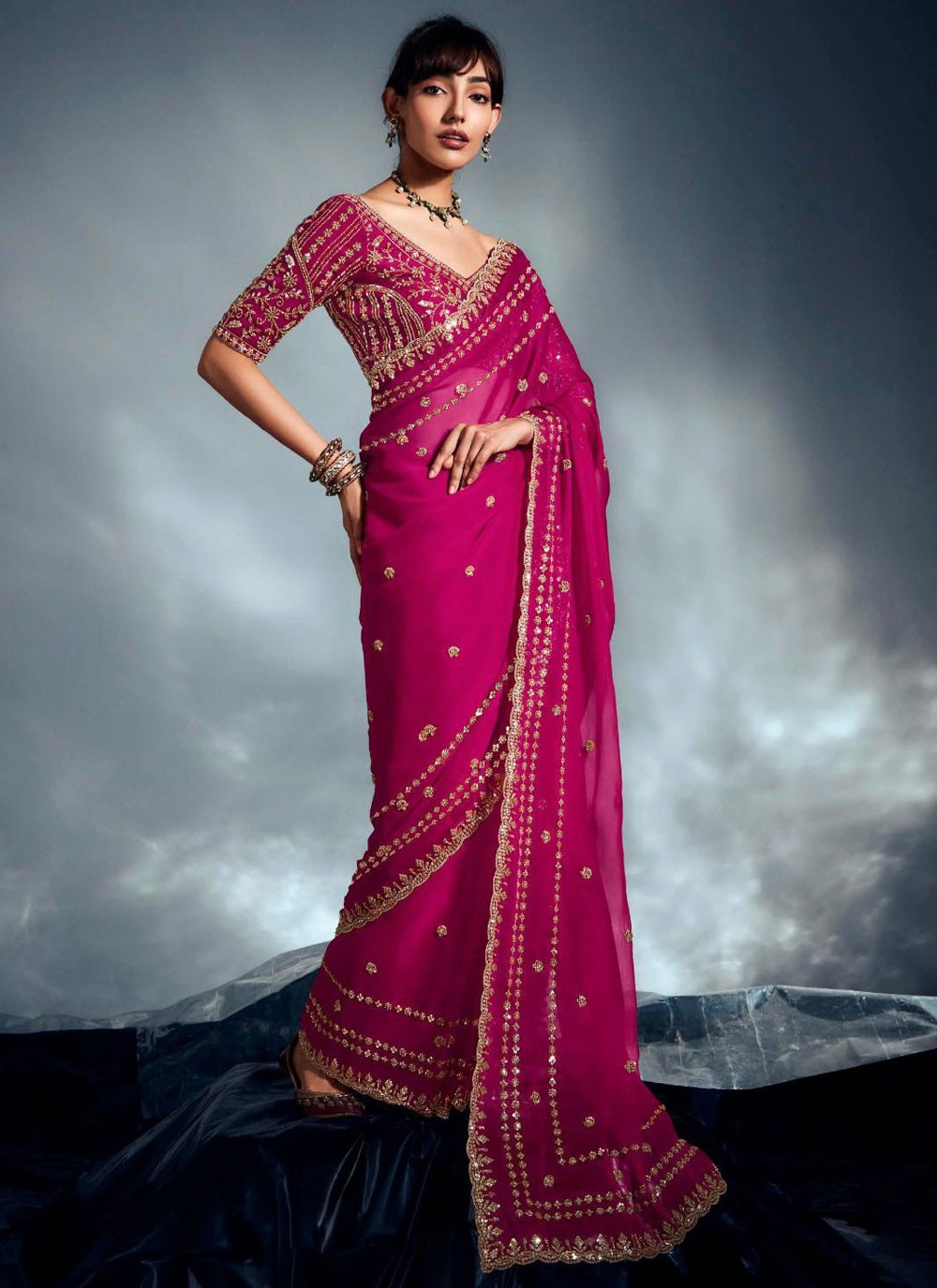 Fuchsia Fancy Fabric Designer Saree Cut Work, Sequins, Thread, Zari S19059