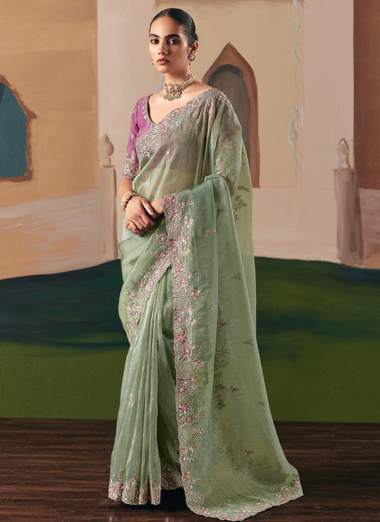 Green Fancy Fabric Contemporary Saree Embroidered, Sequins S20018