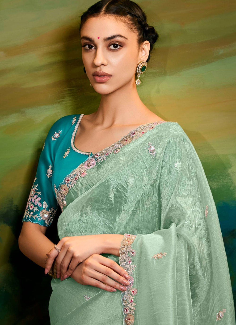 Embroidered Fancy Fabric Green Designer Saree S15253