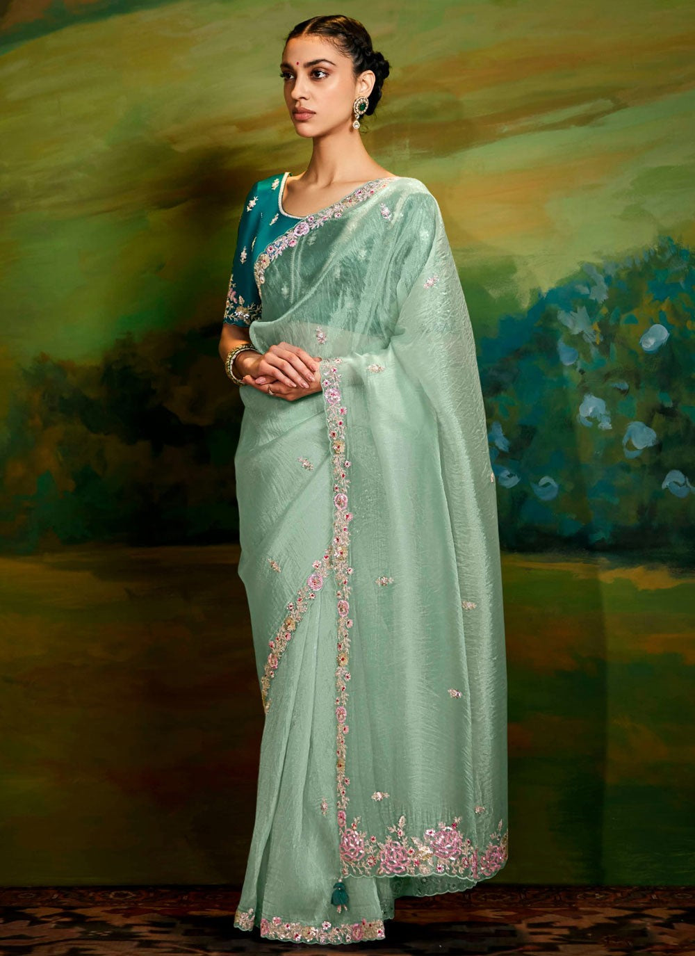 Embroidered Fancy Fabric Green Designer Saree S15253