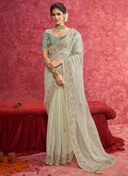 Green Fancy Fabric Traditional Saree Border Work, Cut Work, Embroidered, Sequins, Thread S19365