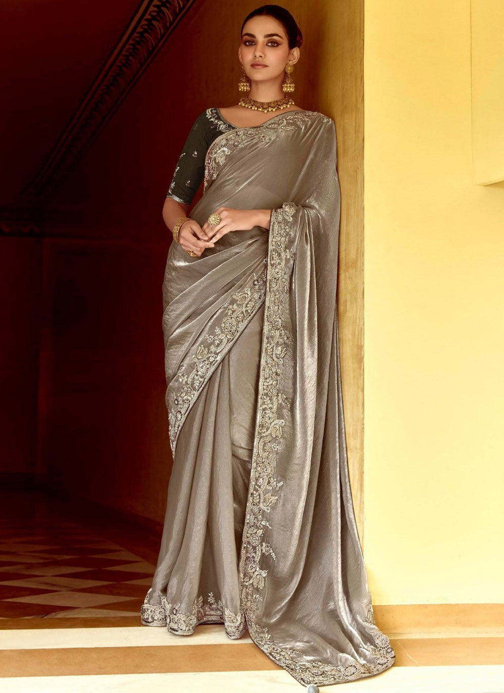Embroidered Fancy Fabric Grey Saree S14384