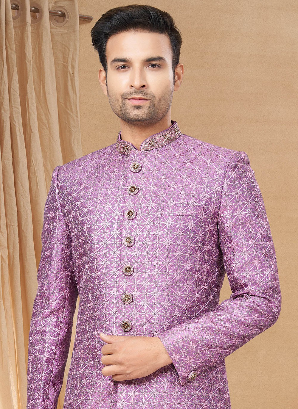 Hand Embroidery Fancy Fabric Purple Indo Western - M6232