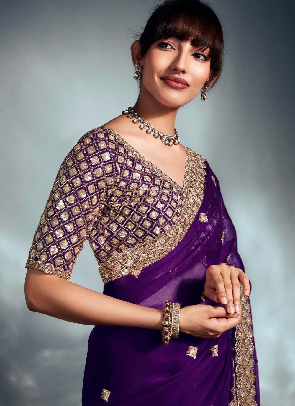 Purple Fancy Fabric Trendy Saree Cut Work, Cutdana, Khatli Work, Sequins, Zari S19061