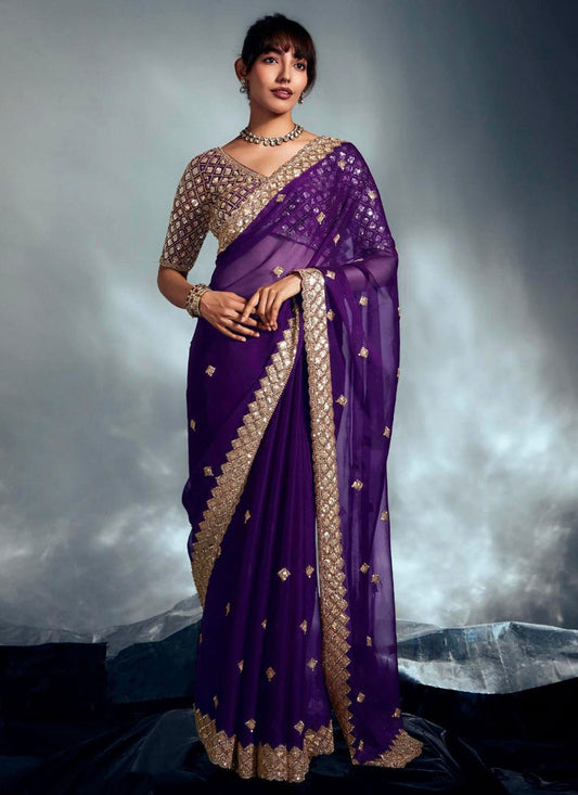 Purple Fancy Fabric Trendy Saree Cut Work, Cutdana, Khatli Work, Sequins, Zari S19061