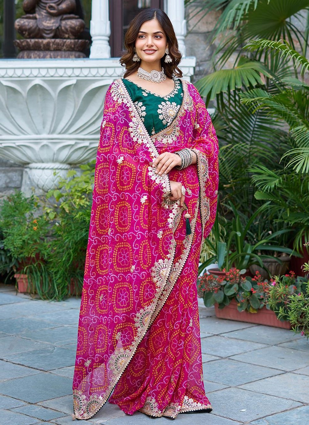 Hot Pink Fancy Fabric Bandhej Saree Embroidered, Foliage Prints, Lace, Zari S16778