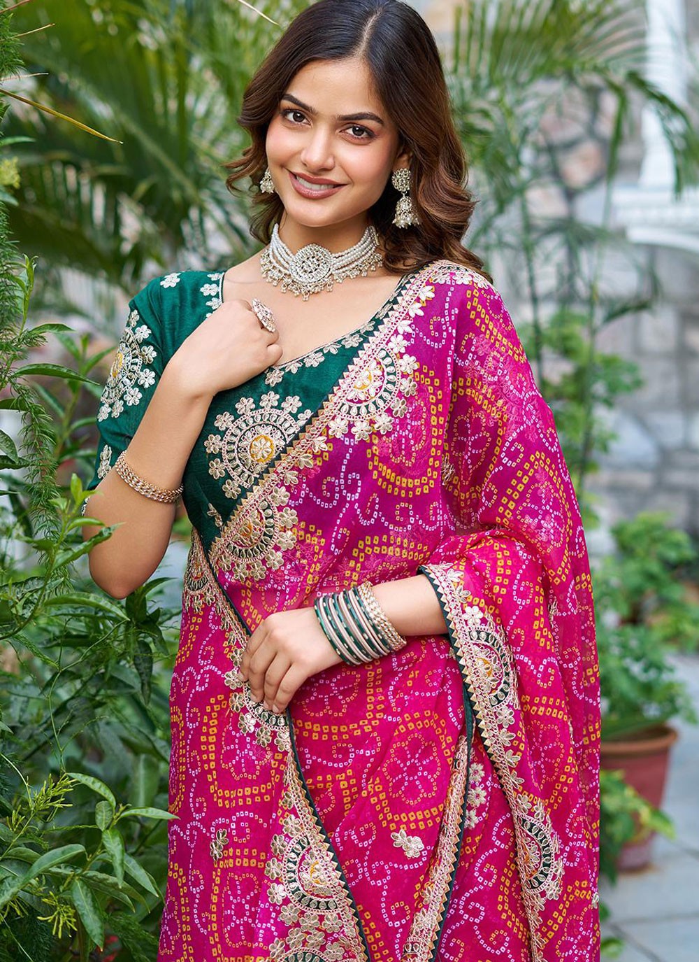 Hot Pink Fancy Fabric Bandhej Saree Embroidered, Foliage Prints, Lace, Zari S16778