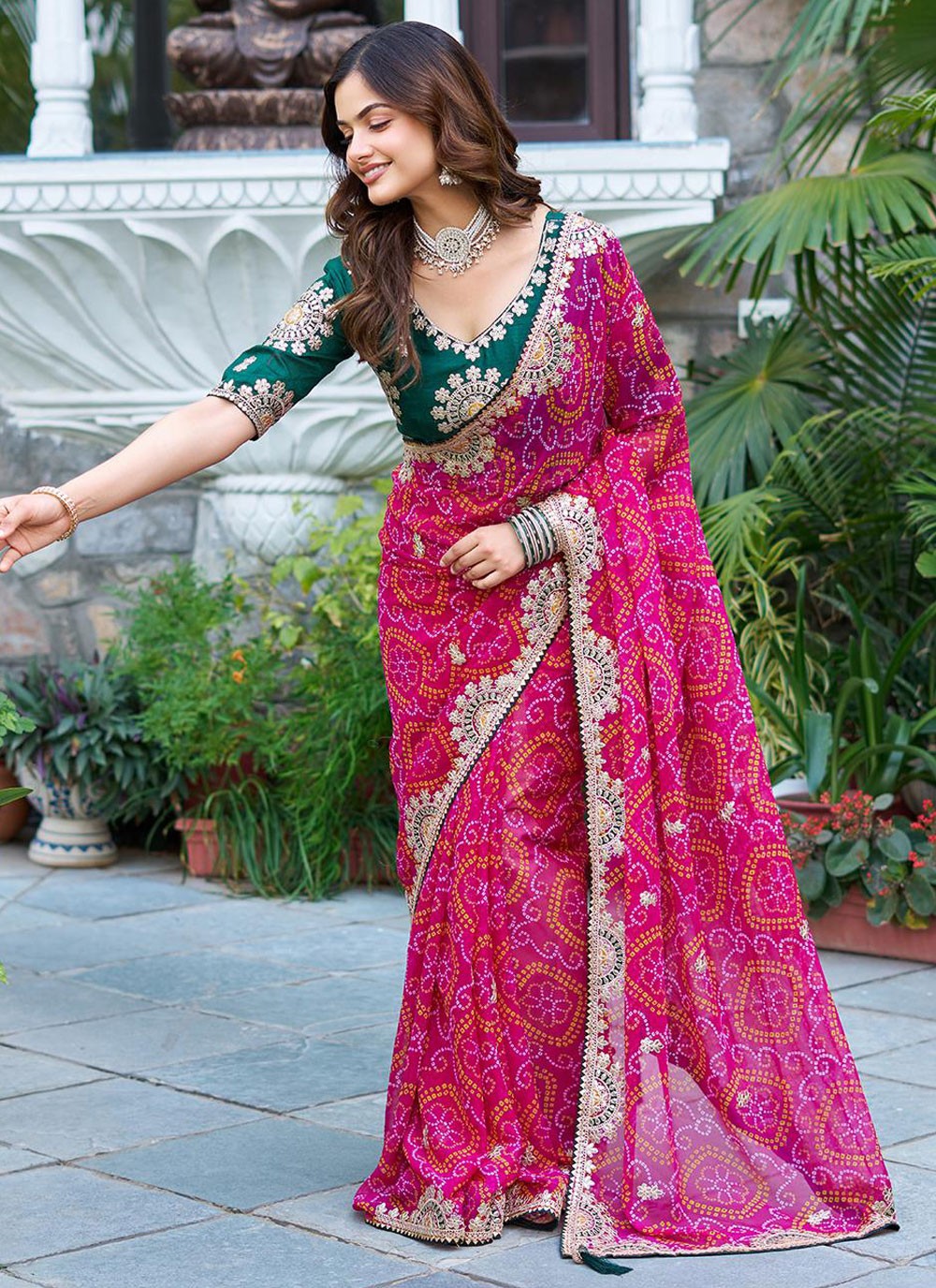 Hot Pink Fancy Fabric Bandhej Saree Embroidered, Foliage Prints, Lace, Zari S16778