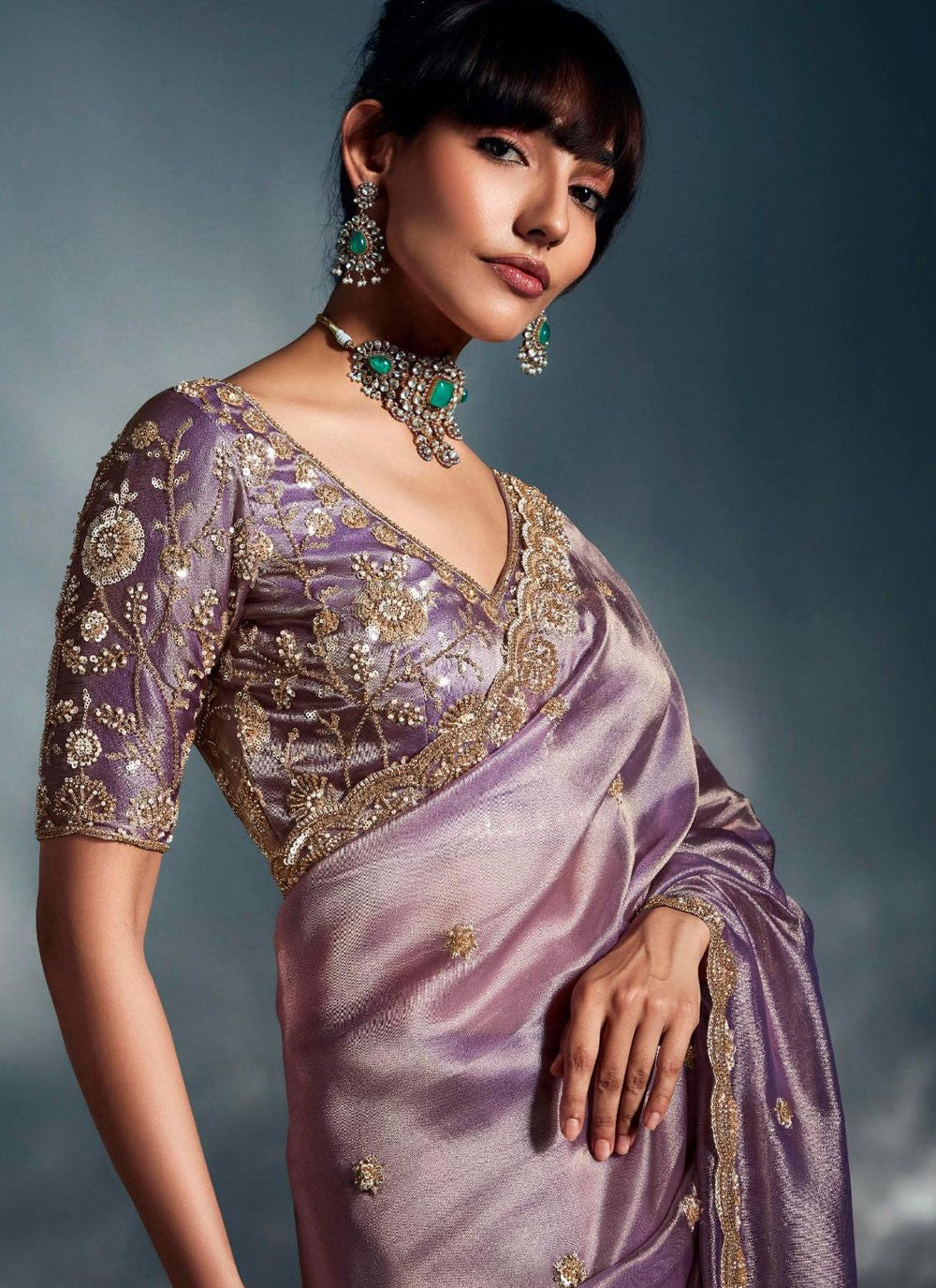 Lavender Fancy Fabric Trendy Saree Cut Work, Cutdana, Sequins, Thread, Zari S19067