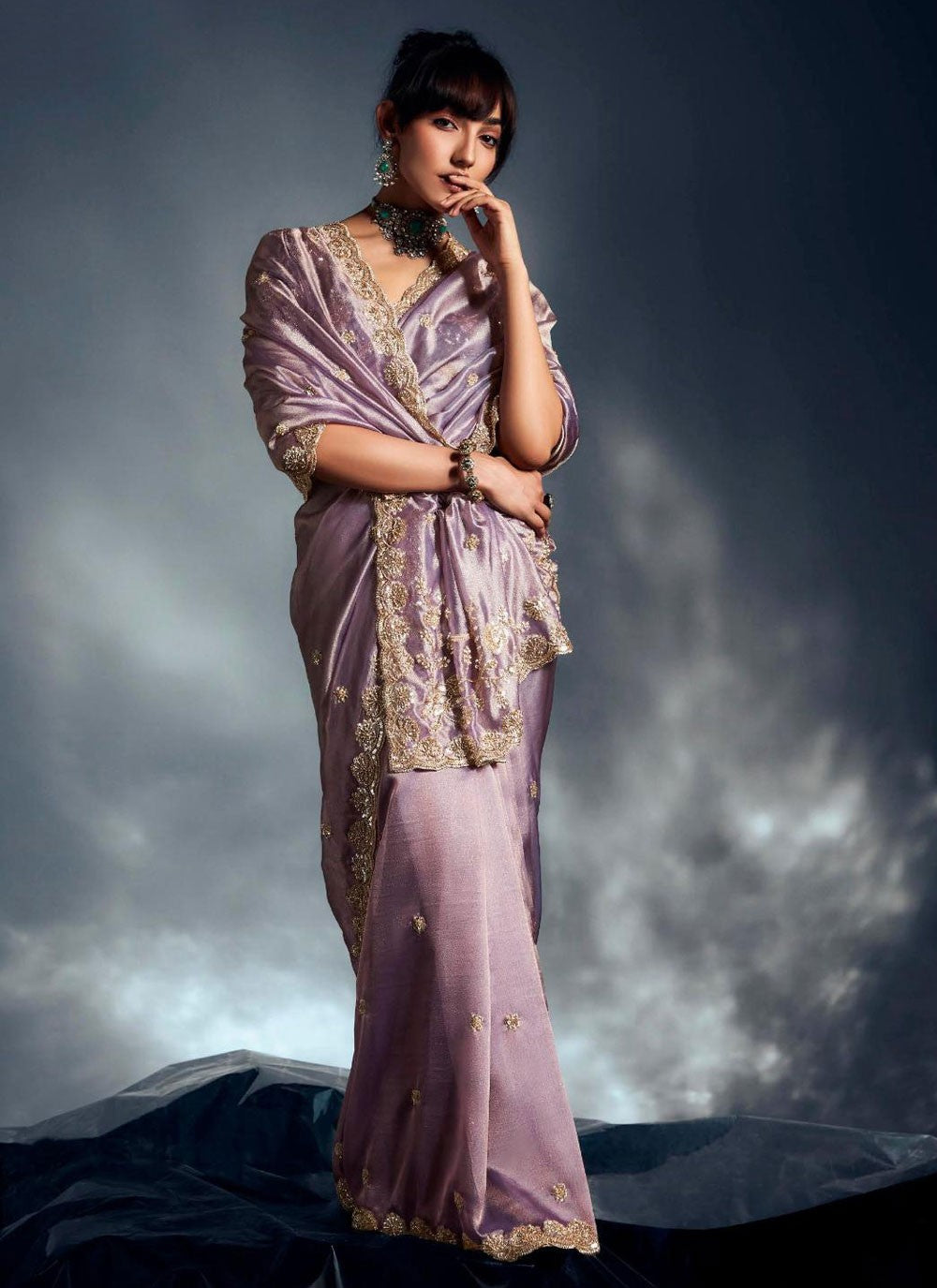 Lavender Fancy Fabric Trendy Saree Cut Work, Cutdana, Sequins, Thread, Zari S19067