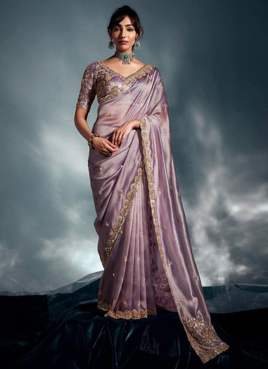 Lavender Fancy Fabric Trendy Saree Cut Work, Cutdana, Sequins, Thread, Zari S19067