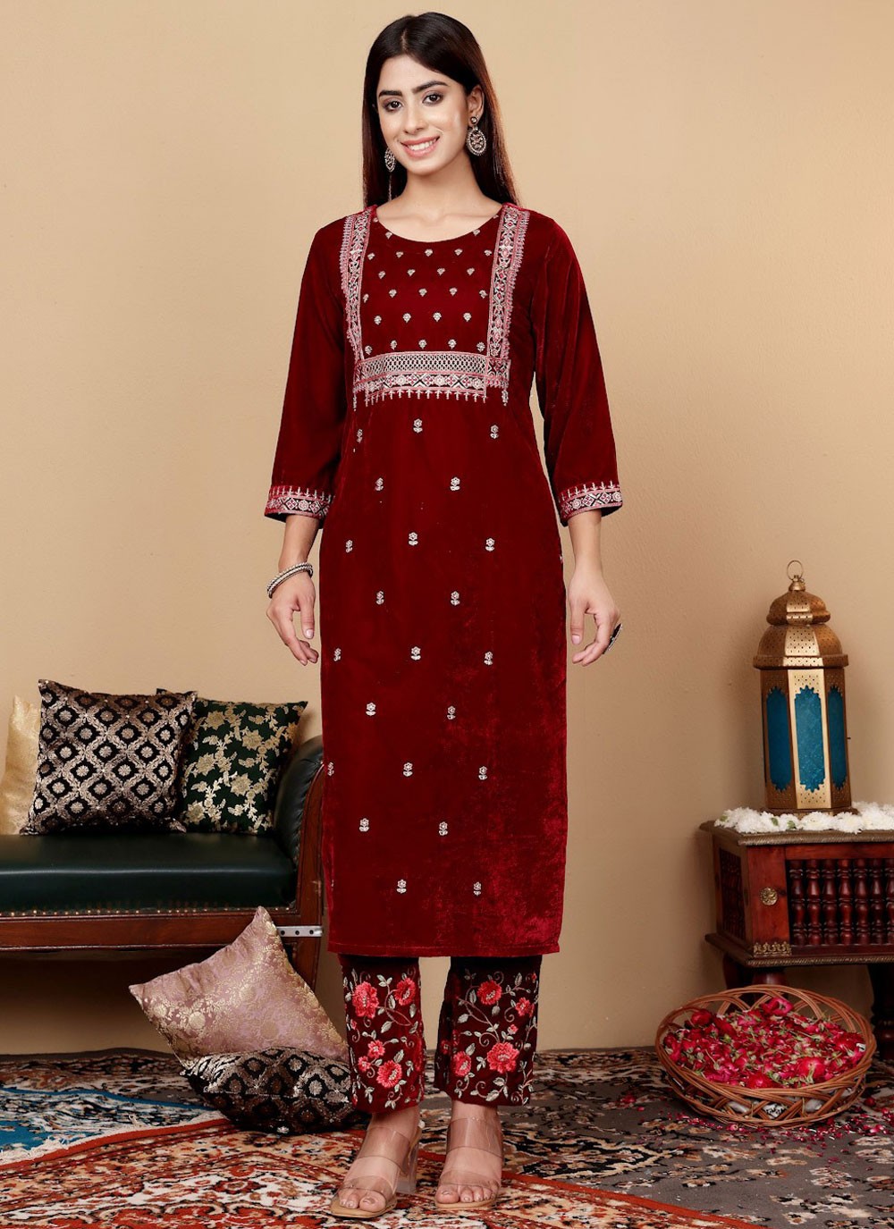 Salwar Suit Embroidered Maroon Fancy Fabric T5638