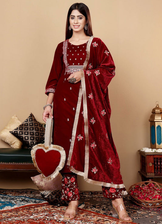 Salwar Suit Embroidered Maroon Fancy Fabric T5638