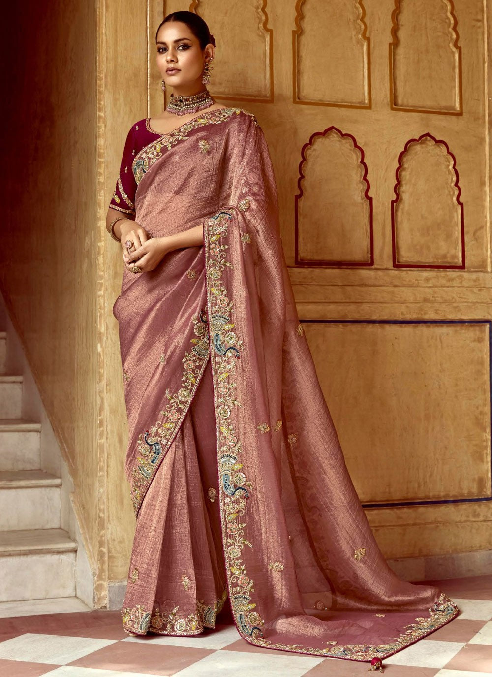 Embroidered Fancy Fabric Pink Saree S14388
