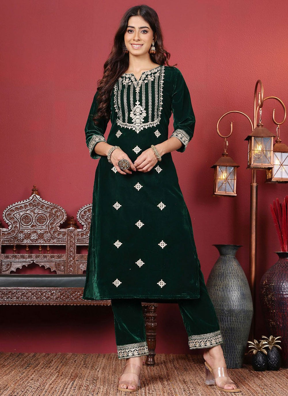 Salwar Suit Embroidered Green Fancy Fabric T5639
