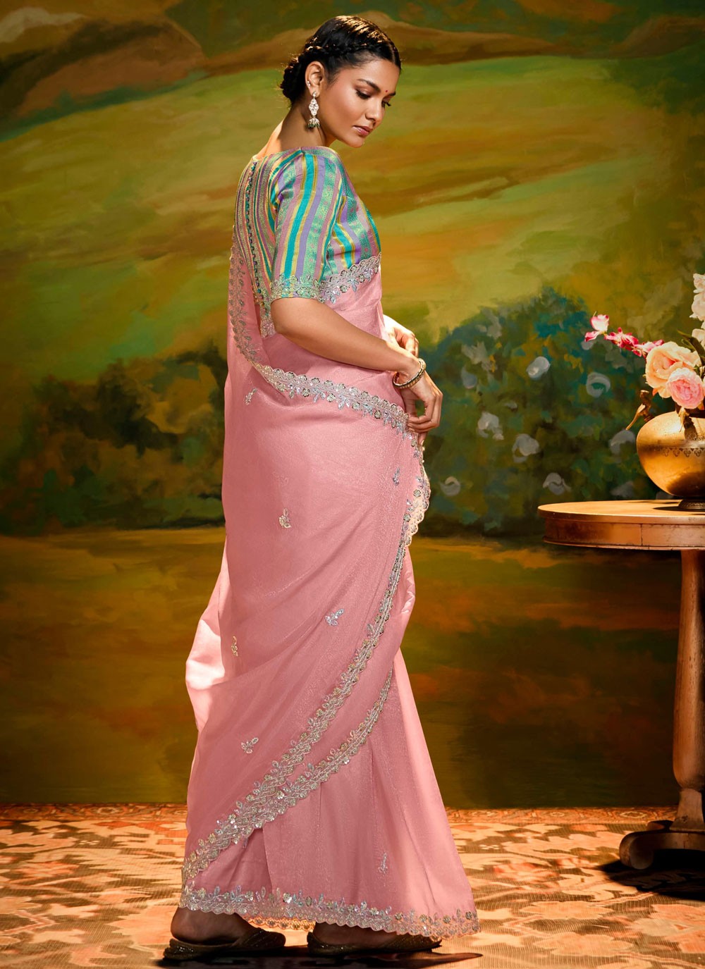 Embroidered Fancy Fabric Peach Traditional Saree S15255