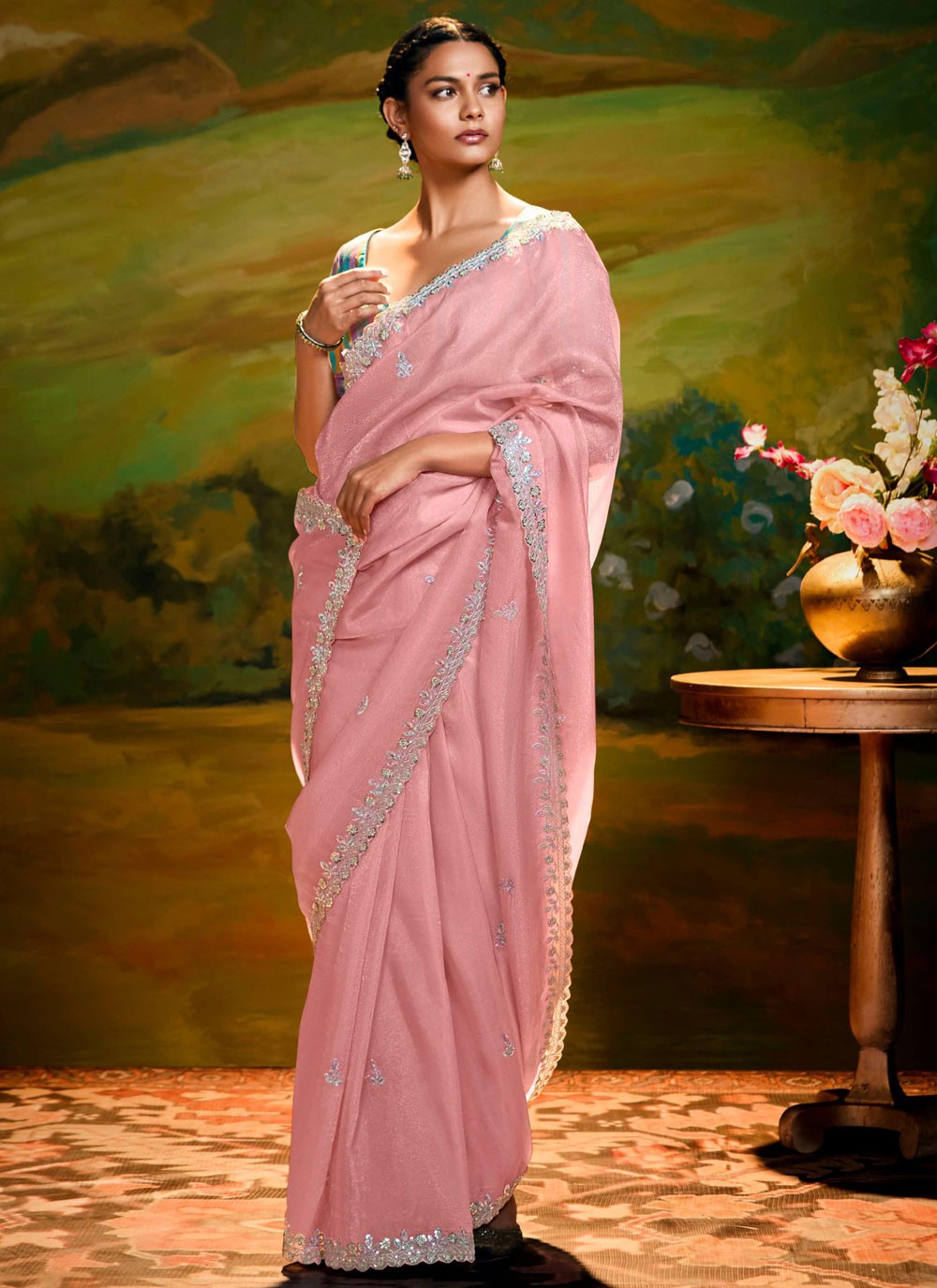 Embroidered Fancy Fabric Peach Traditional Saree S15255