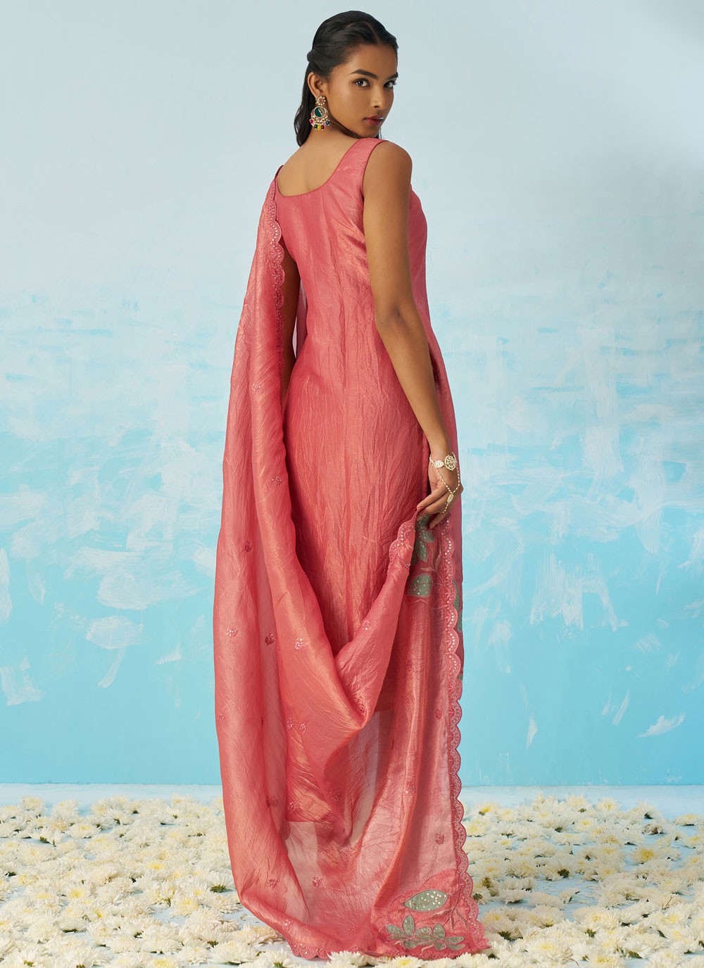 Pant Style Suit Machine Embroidery Peach T7034