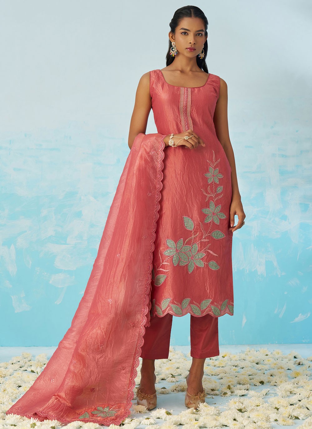 Pant Style Suit Machine Embroidery Peach T7034