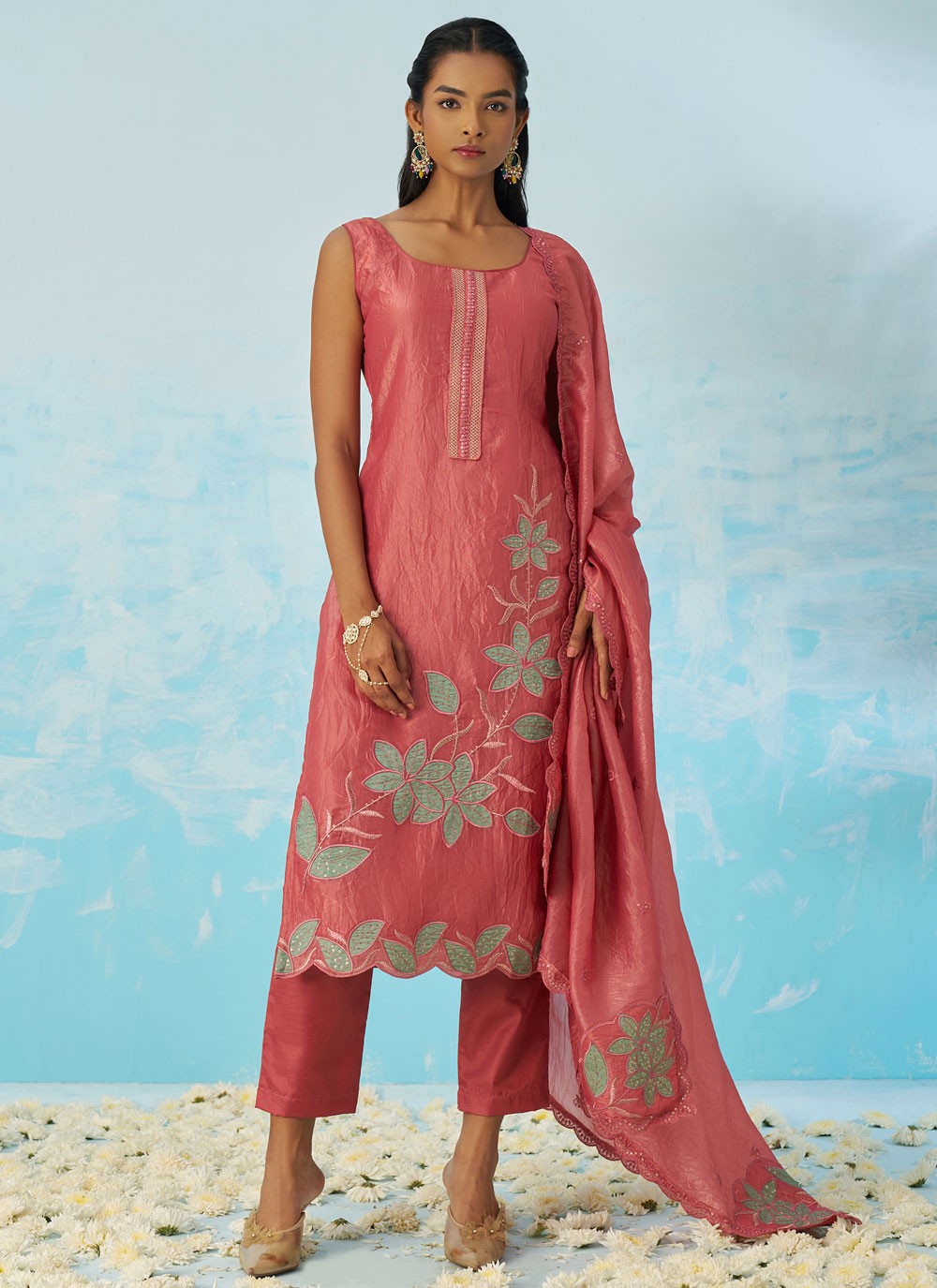 Pant Style Suit Machine Embroidery Peach T7034