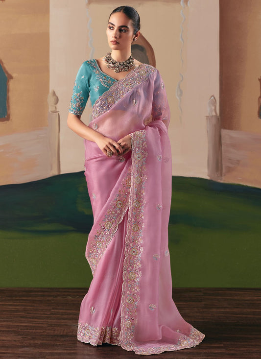 Pink Fancy Fabric Trendy Saree Embroidered, Sequins S20019