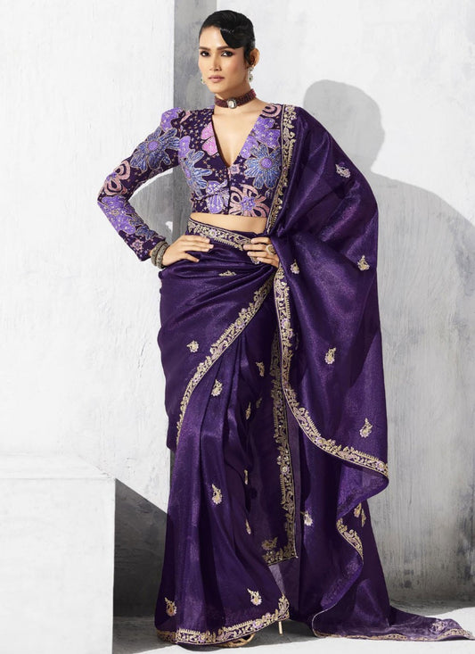 Purple Fancy Fabric Trendy Saree Border Work, Embroidered S19811