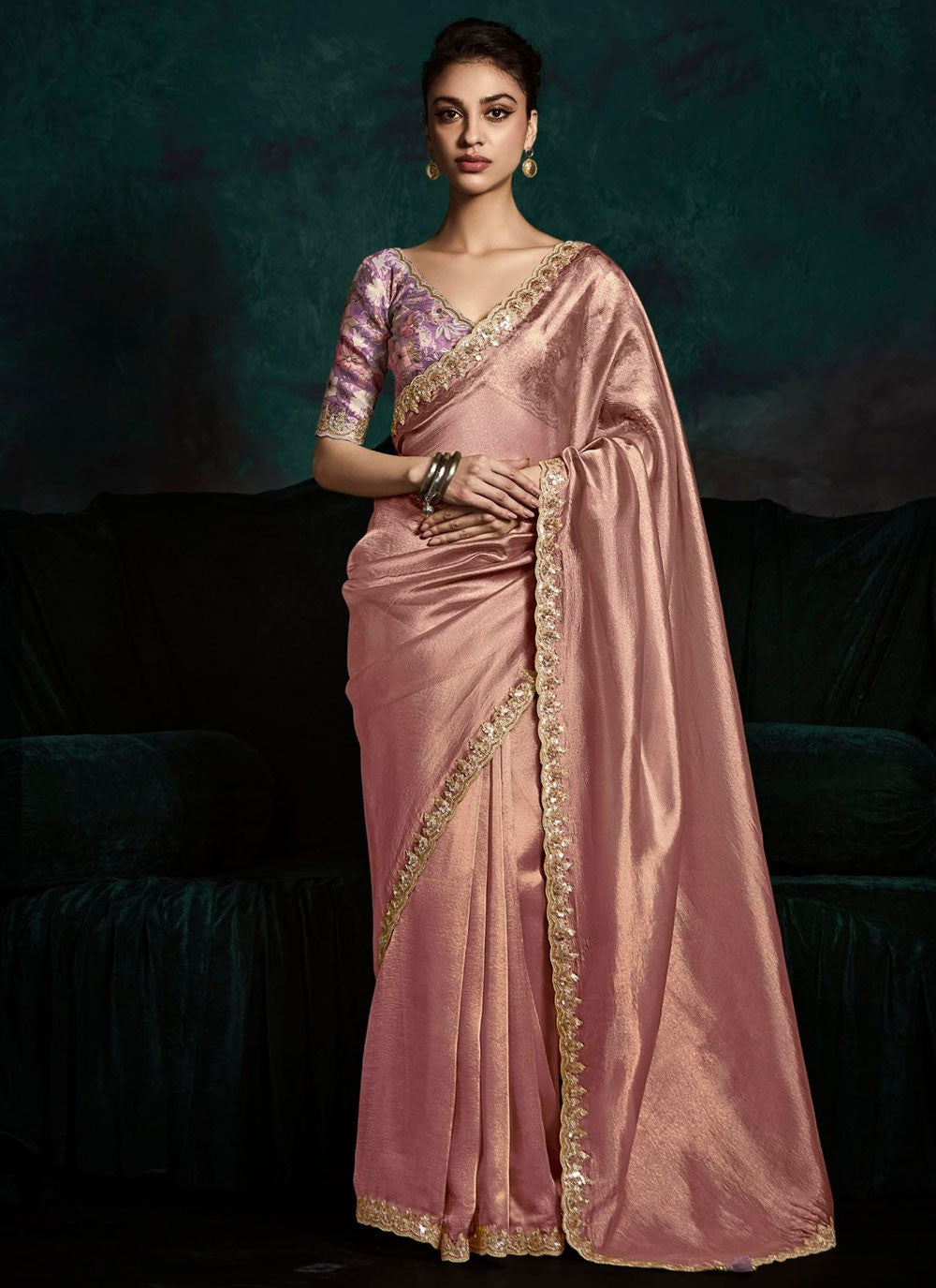 Pink Fancy Fabric Contemporary Saree Border Work, Cut Work, Embroidered, Sequins, Zari S15757