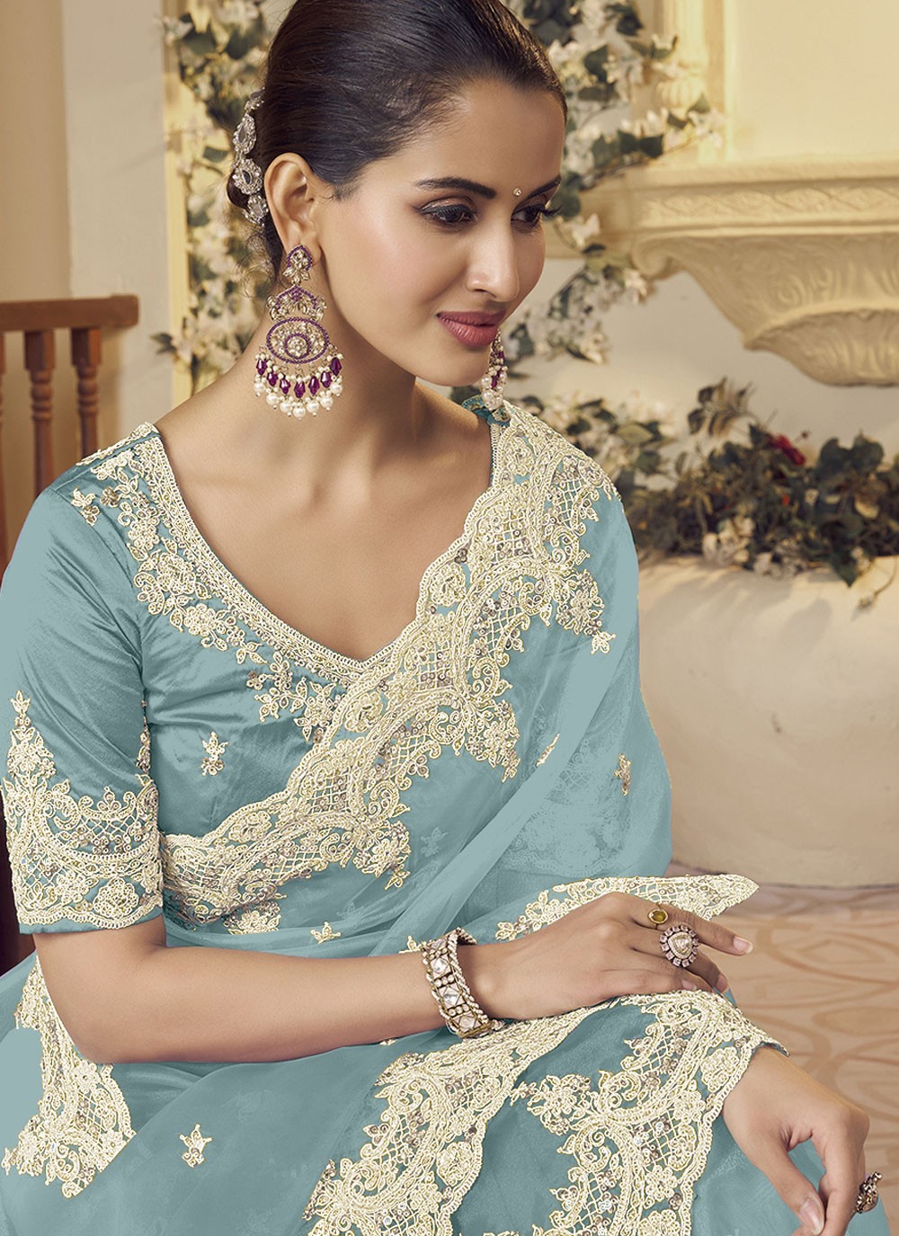 Classic Saree Embroidered Aqua Blue Fancy Fabric Saree S12378