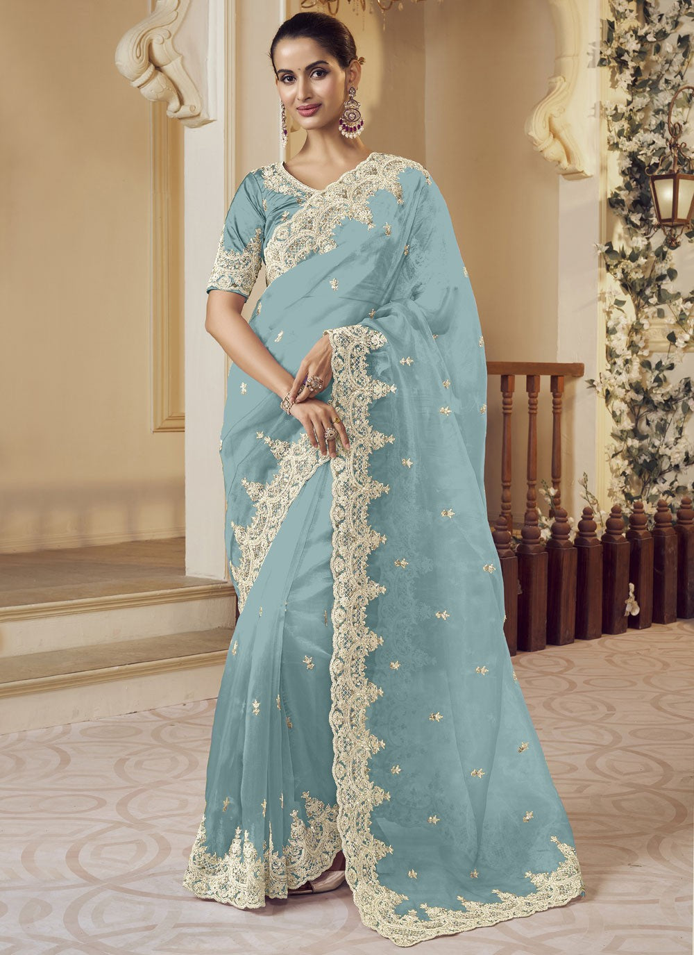 Classic Saree Embroidered Aqua Blue Fancy Fabric S12378