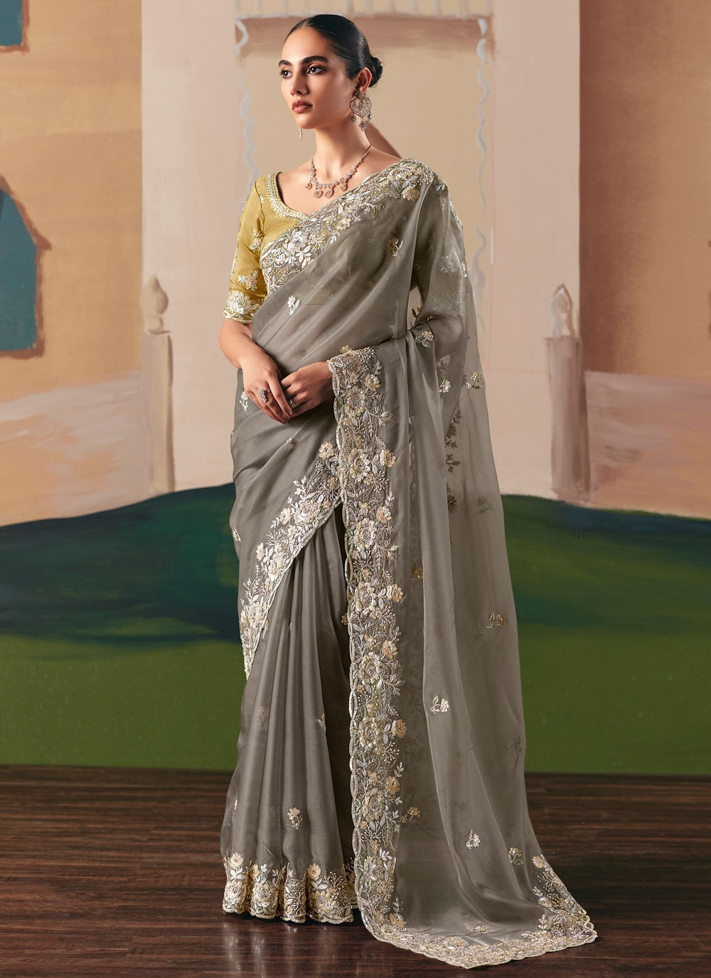 Grey Fancy Fabric Classic Saree Embroidered, Sequins S20017