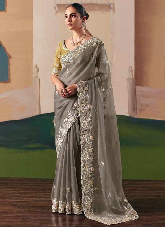 Grey Fancy Fabric Classic Saree Embroidered, Sequins S20017
