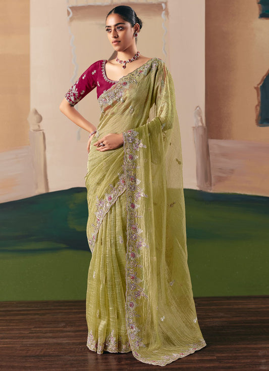 Green Fancy Fabric Contemporary Saree Embroidered, Sequins S20023