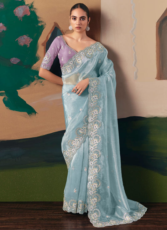 Aqua Blue Fancy Fabric Traditional Saree Embroidered, Sequins S20021