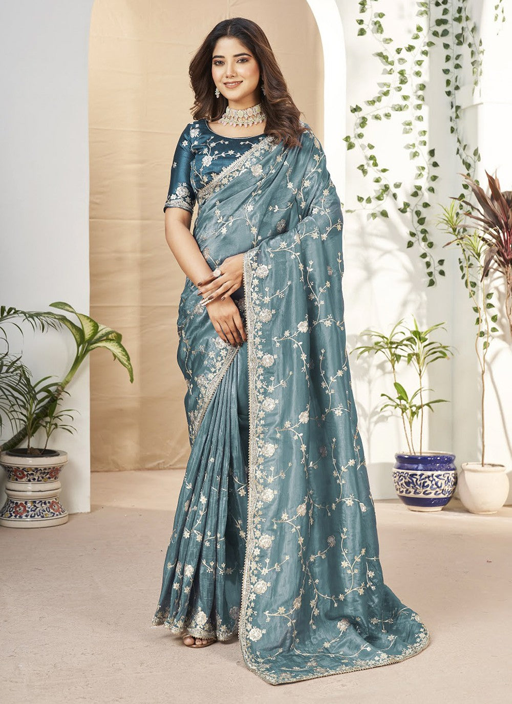 Trendy Embroidered Fancy Fabric Saree - S5206