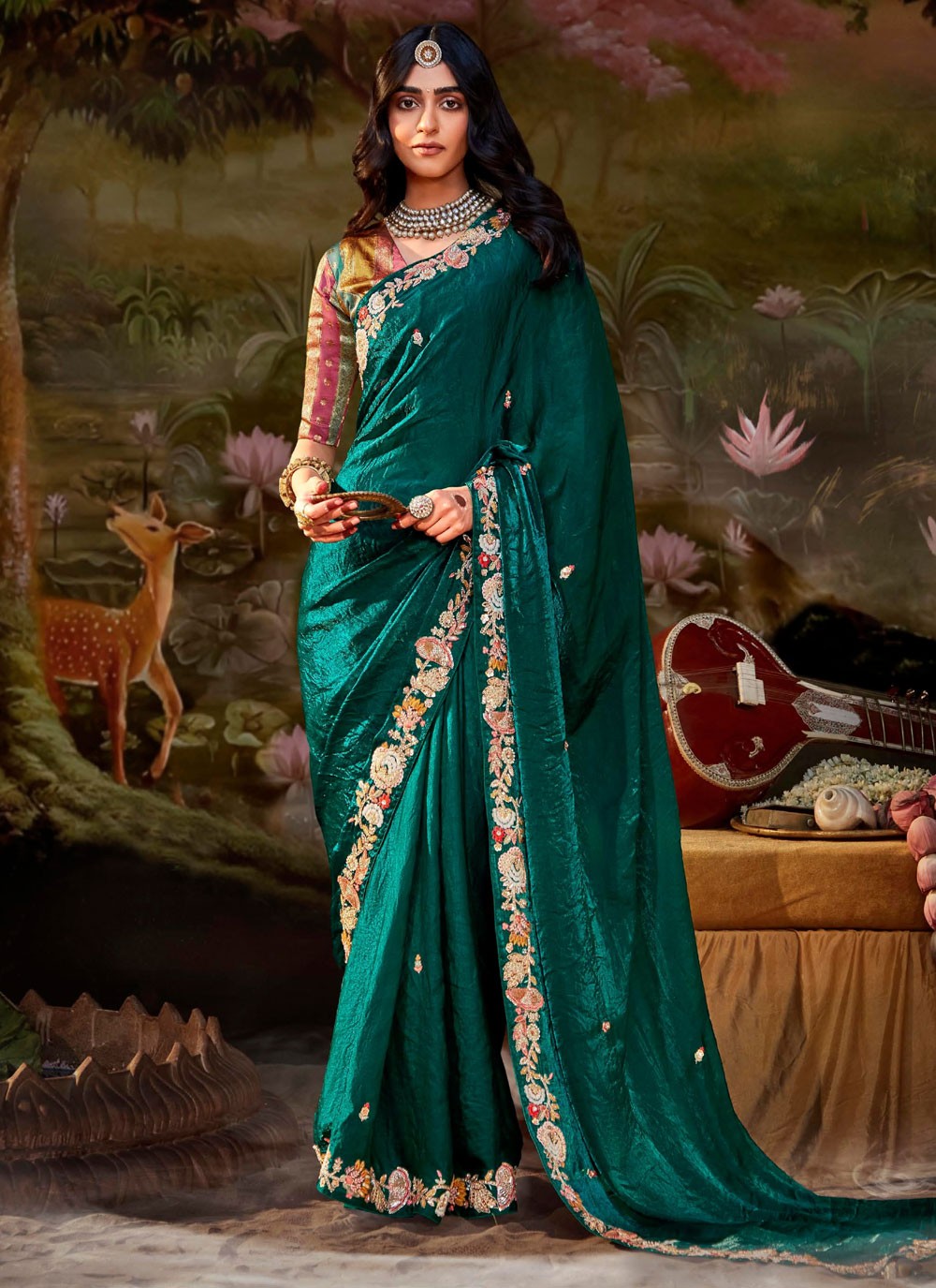 Shaded Border Work Fancy Fabric Saree - S7643