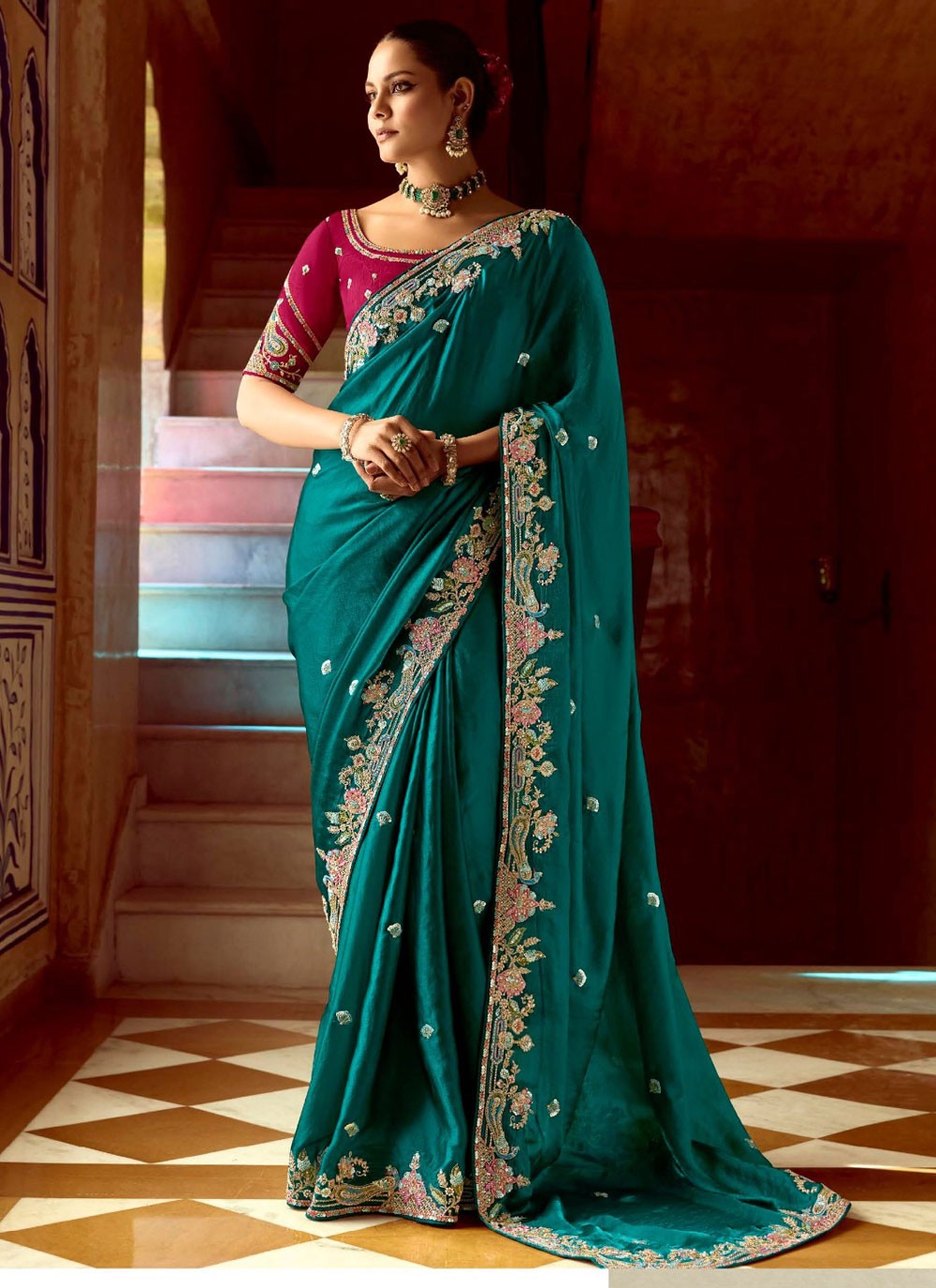 Embroidered Fancy Fabric Teal Saree S14381