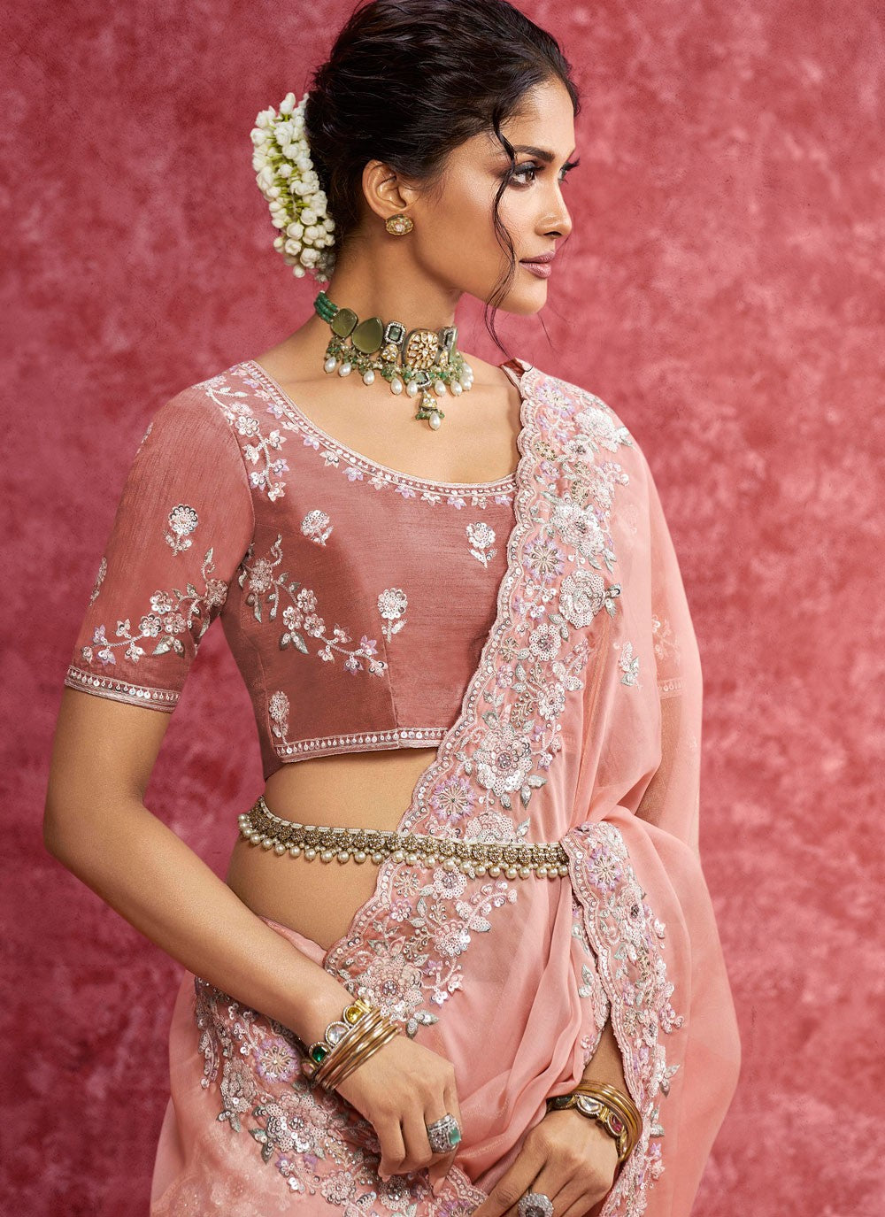 Peach Fancy Fabric Contemporary Saree Border Work, Cut Work, Embroidered, Sequins, Thread S19358