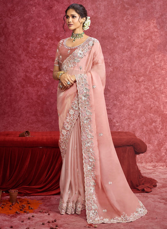 Peach Fancy Fabric Contemporary Saree Border Work, Cut Work, Embroidered, Sequins, Thread S19358