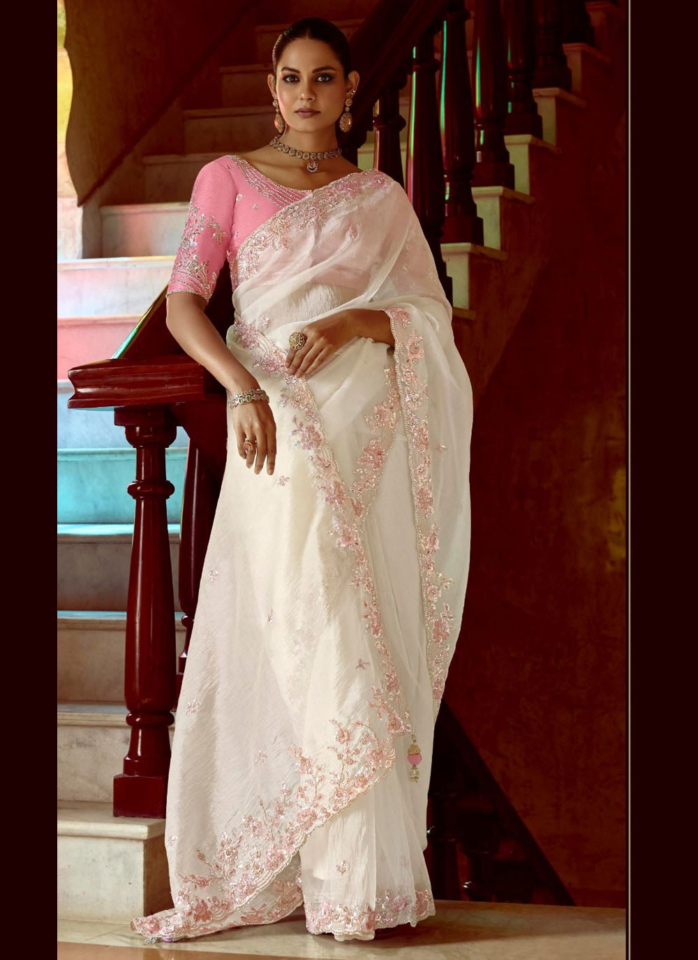 Embroidered Fancy Fabric White Saree S14387