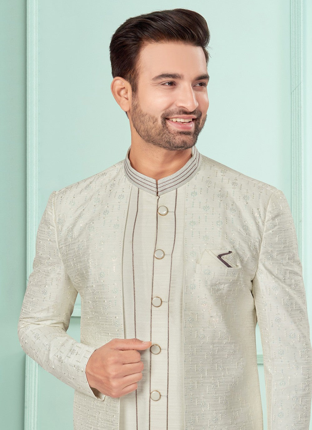 Fancy Work Fancy Fabric Off White Indo Western - M7265