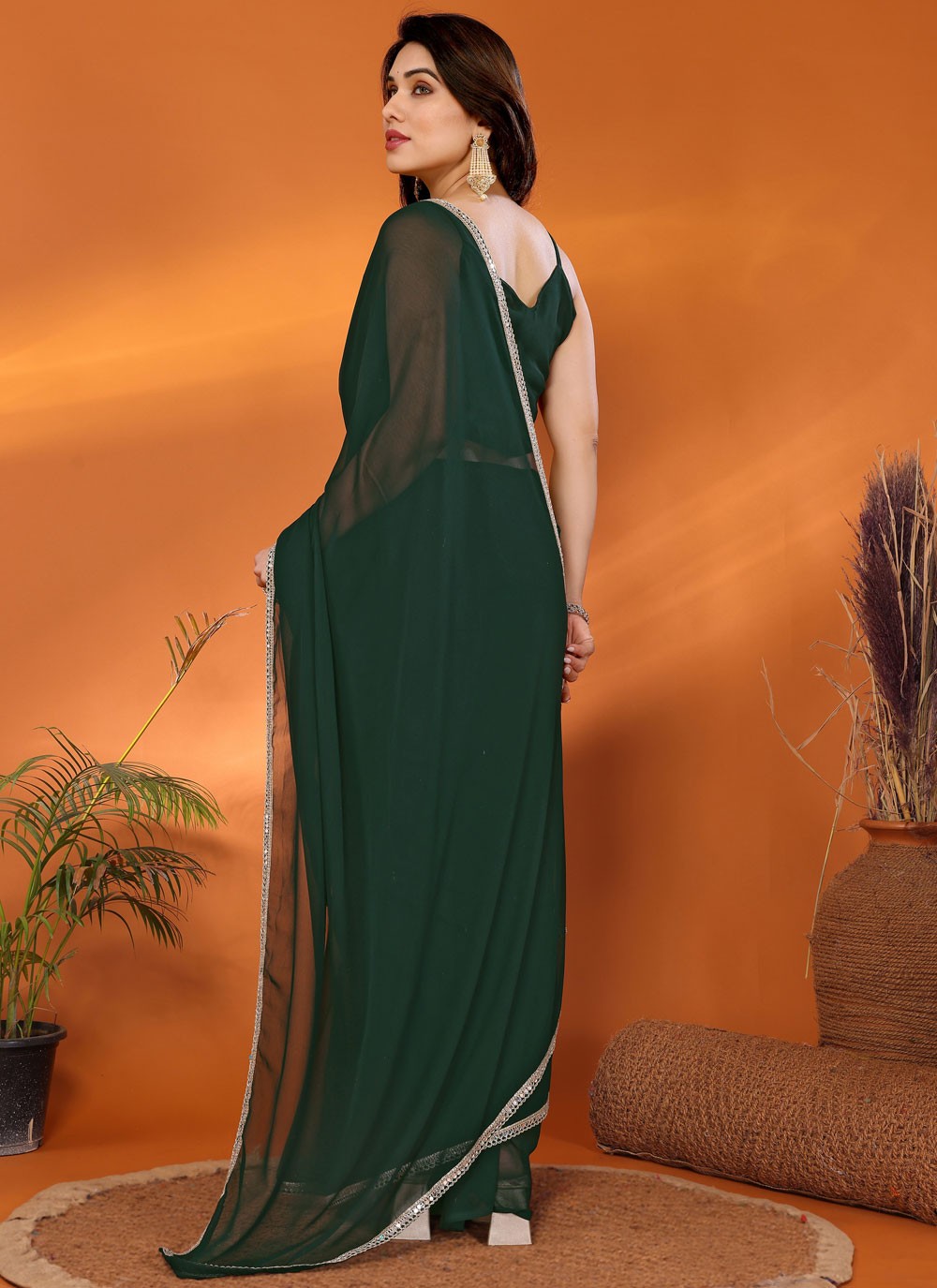 Border Work Georgette Green Saree S14705