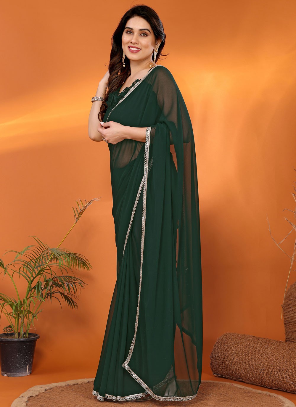Border Work Georgette Green Saree S14705