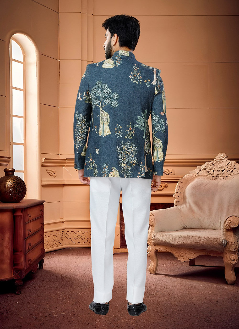 Fancy Work Handloom Cotton Blue Jodhpuri Suit - M4326