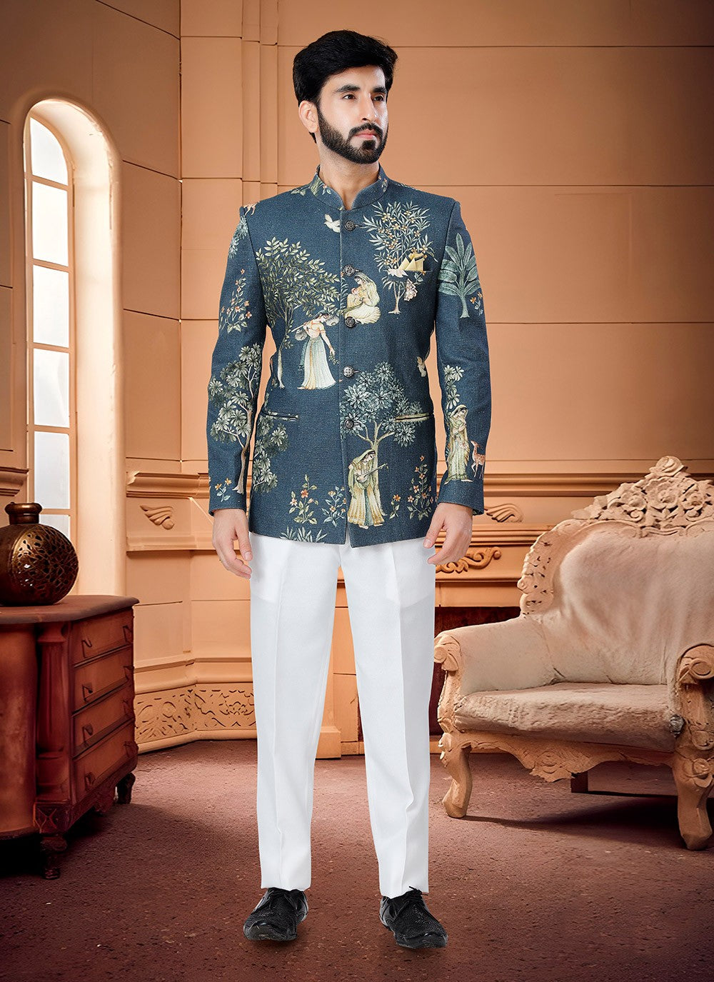 Fancy Work Handloom Cotton Blue Jodhpuri Suit - M4326