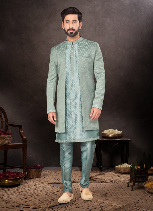 Fancy Work Jacquard Green Indo Western - M7242