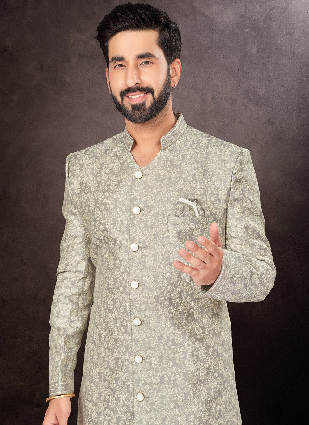 Fancy Work Jacquard Grey Indo Western - M7236
