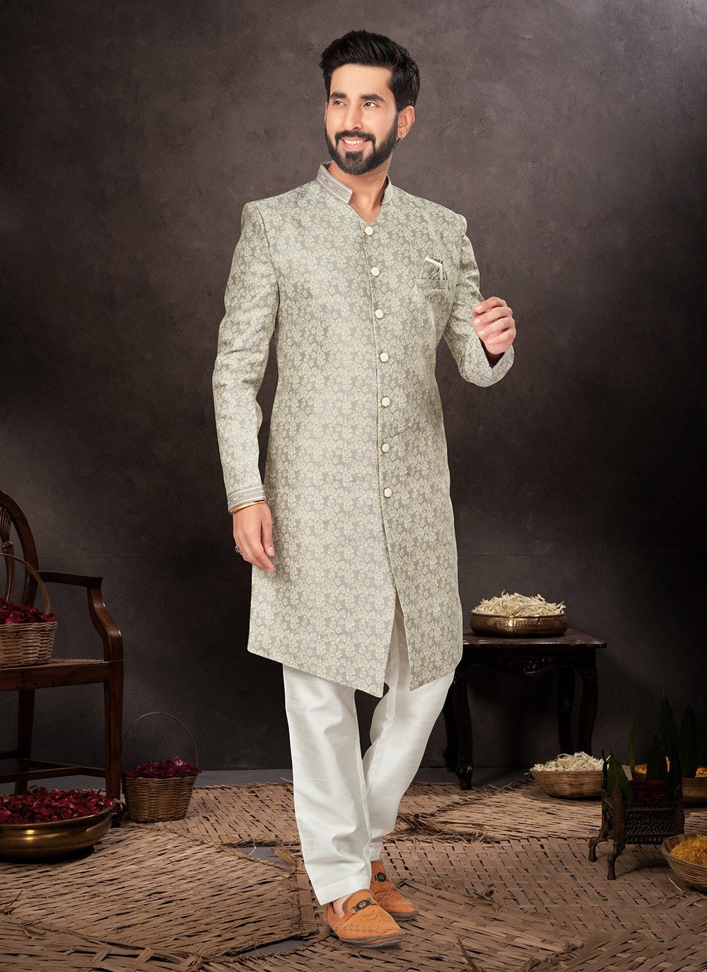 Fancy Work Jacquard Grey Indo Western - M7236