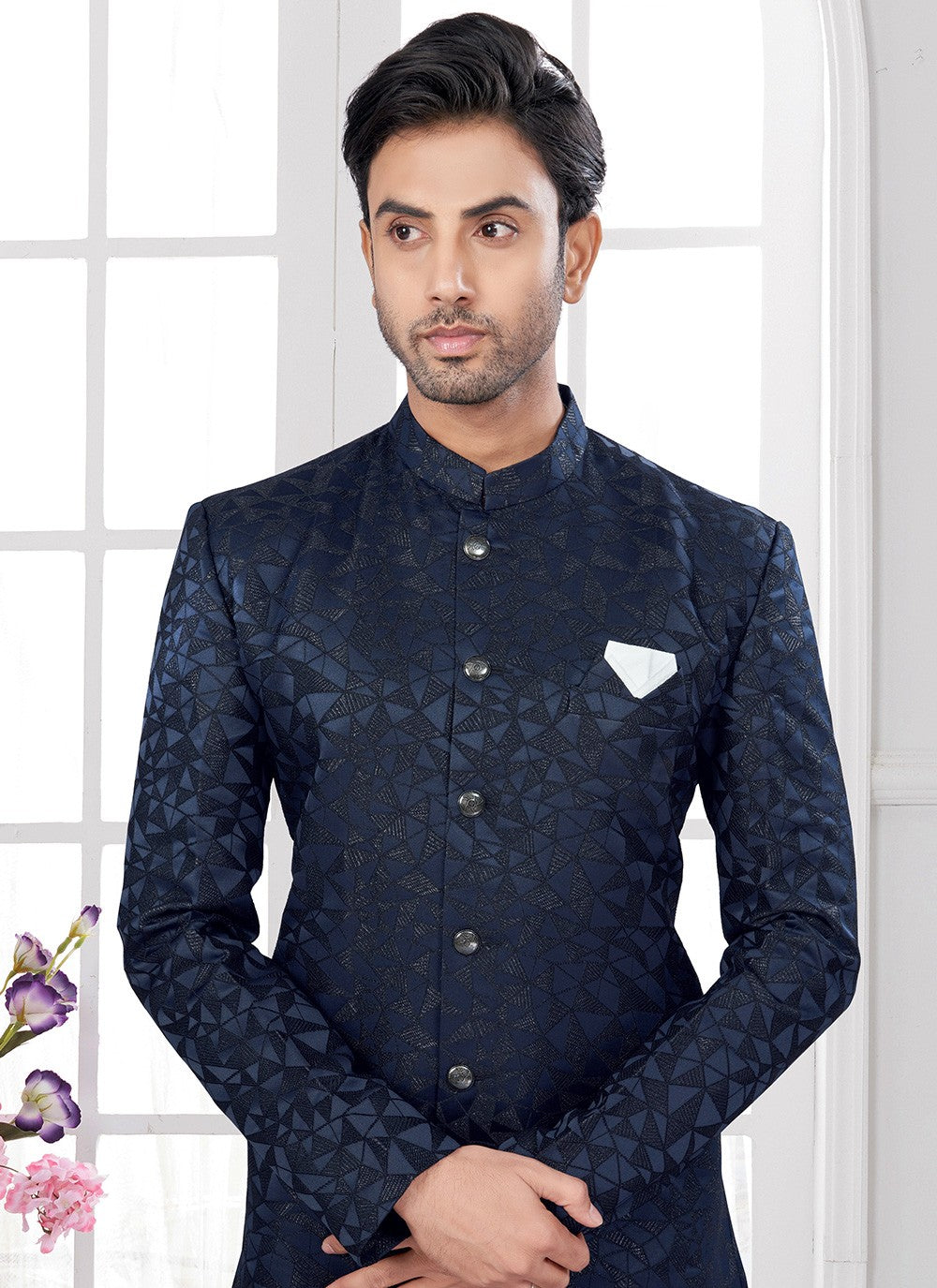 Buttons Jacquard Navy Blue Indo Western - M8638