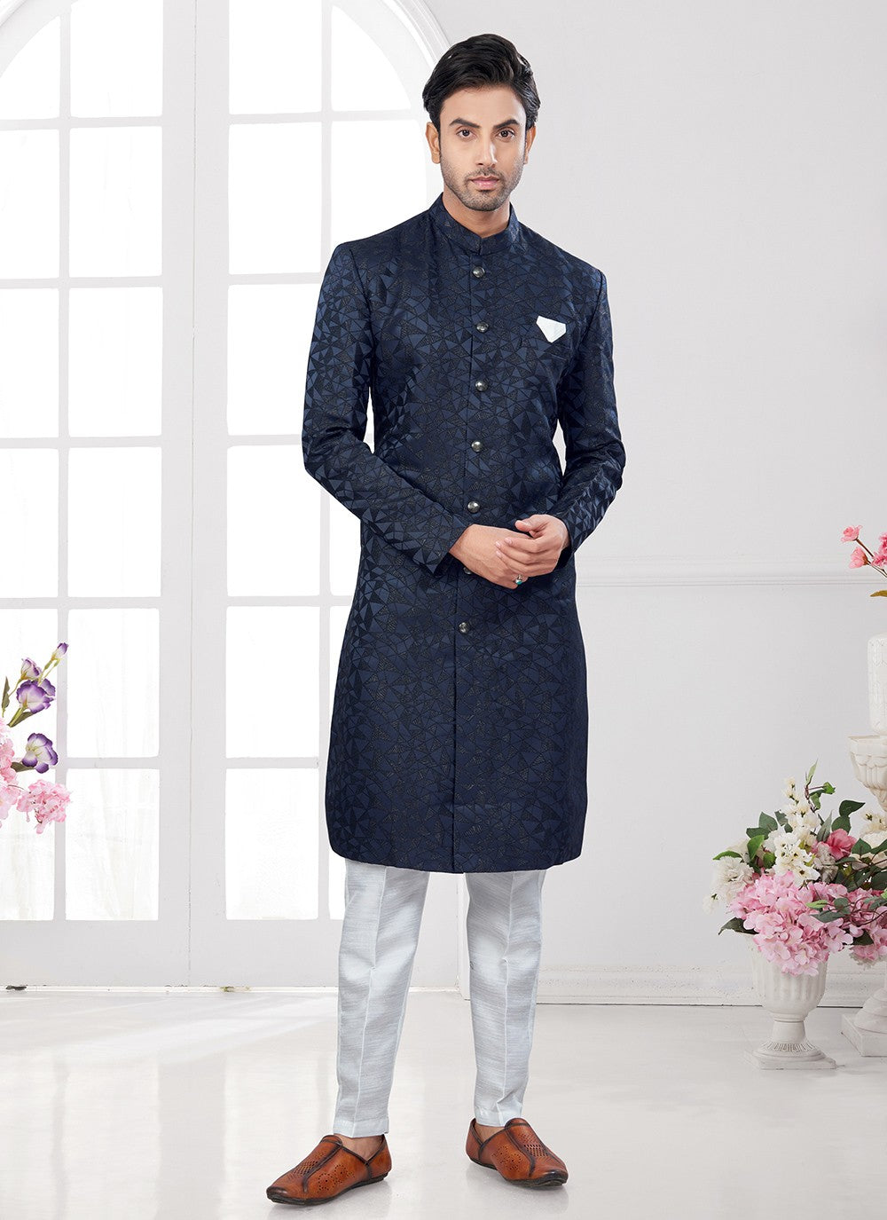 Buttons Jacquard Navy Blue Indo Western - M8638